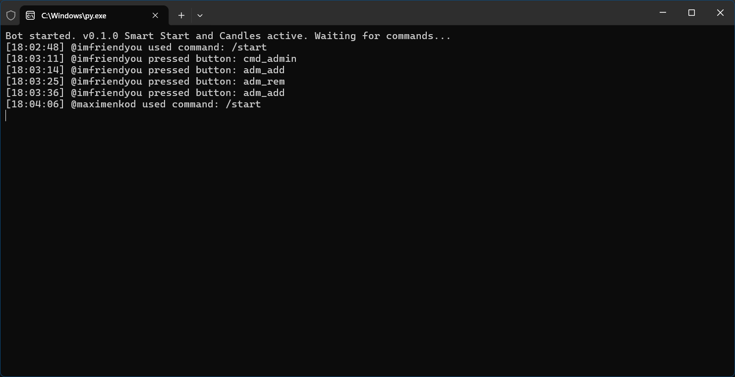 Windows console showing Telegram bot commands and startup log