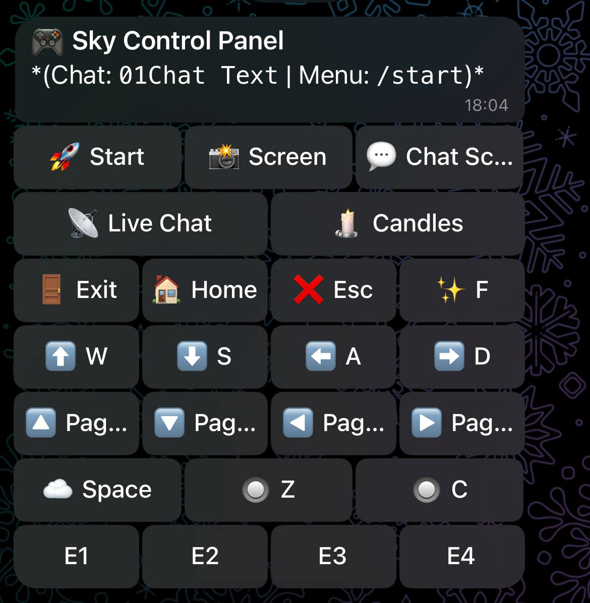 Telegram Sky Control Panel with remote game control buttons